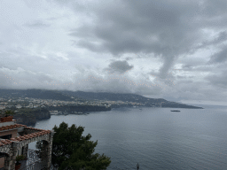 The towns of Piano di Sorrento, Sant`Agnello and Sorrento and the Tyrrhenian Sea, viewed from the roof terrace of the Hotel Mega Mare at the town of Vico Equense