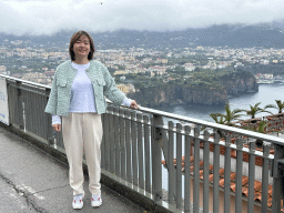 Miaomiao at the roof terrace of the Hotel Mega Mare at the town of Vico Equense, with a view on the town of Meta