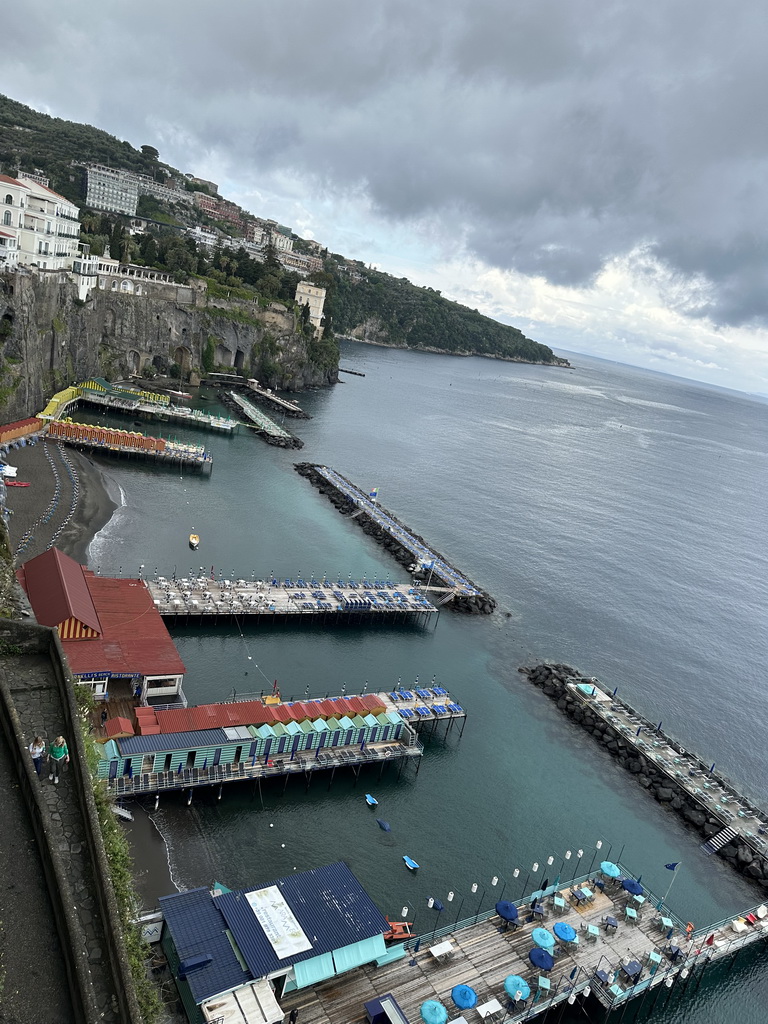 The piers at the San Francesco beach, viewed from the Villa Comunale di Sorrento park