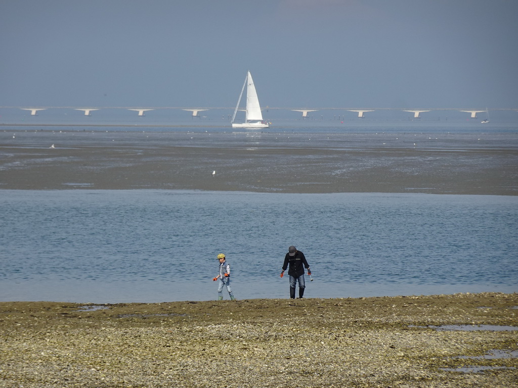 People at the beach near the Dijkweg road, boat at the National Park Oosterschelde and the Zeelandbrug bridge