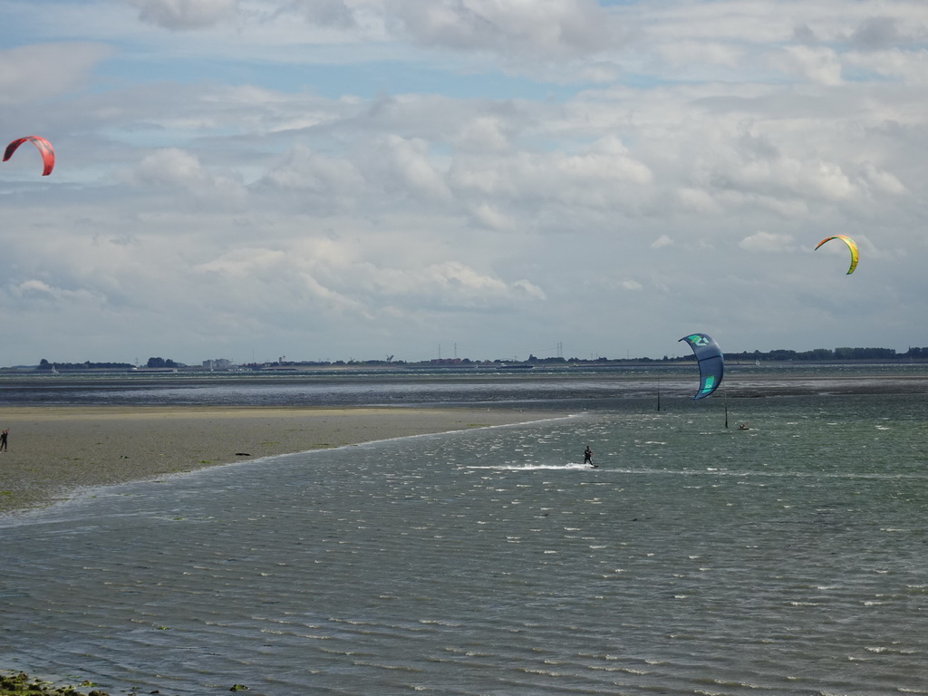 Kitesurfers at the National Park Oosterschelde, viewed from the beach near the Dijkweg road