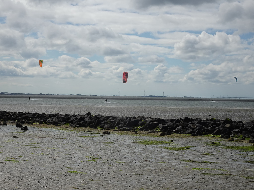 Kitesurfers at the National Park Oosterschelde, viewed from the beach near the Dijkweg road