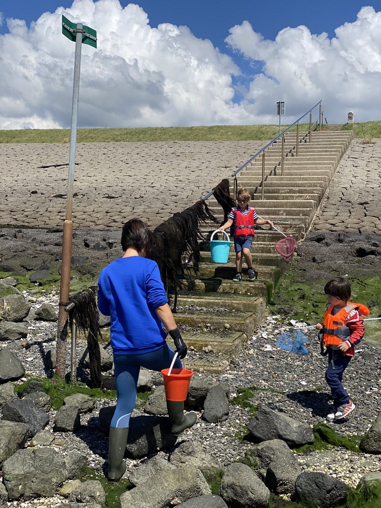 Miaomiao, Max and his friend looking for seashells at the beach near the Dijkweg road