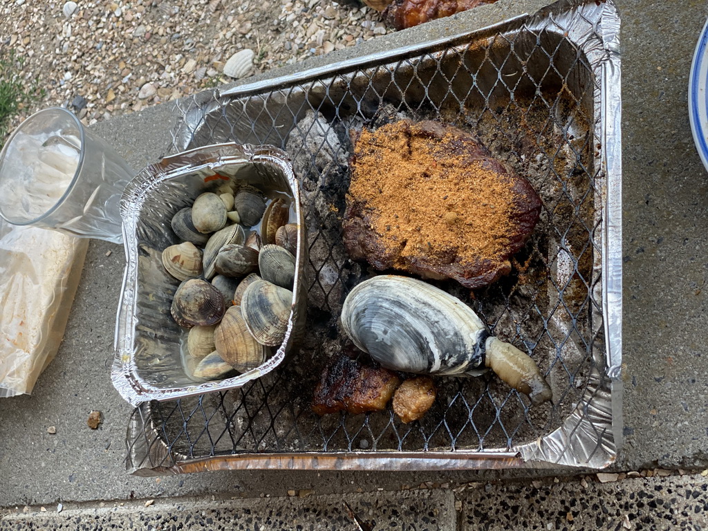 Barbecue with seashells and meat at the terrace of the Stuurhut holiday home at the Oosterschelde Camping Stavenisse