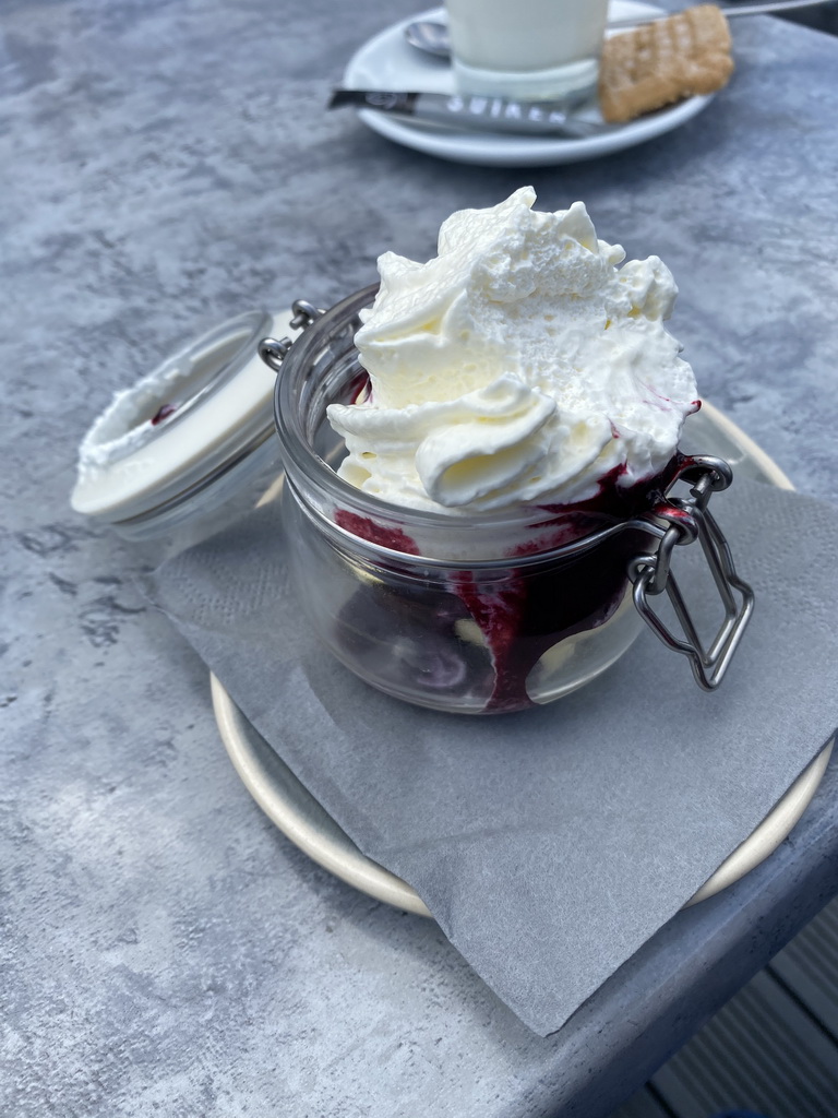 Cake with cream at the terrace of the `t Packhuys Restaurant