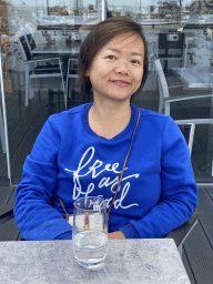 Miaomiao at the terrace of the `t Packhuys Restaurant