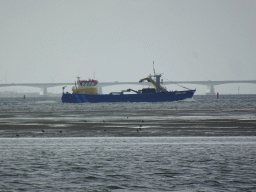 Bru 36 boat on the National Park Oosterschelde and the Zeelandbrug bridge, viewed from the beach near the Dijkweg road