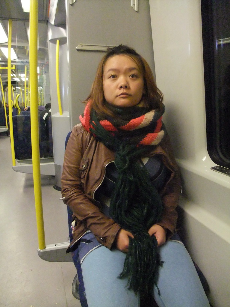 Miaomiao in the subway (tunnelbana) from Stockholm Central Station to Skanstull Station