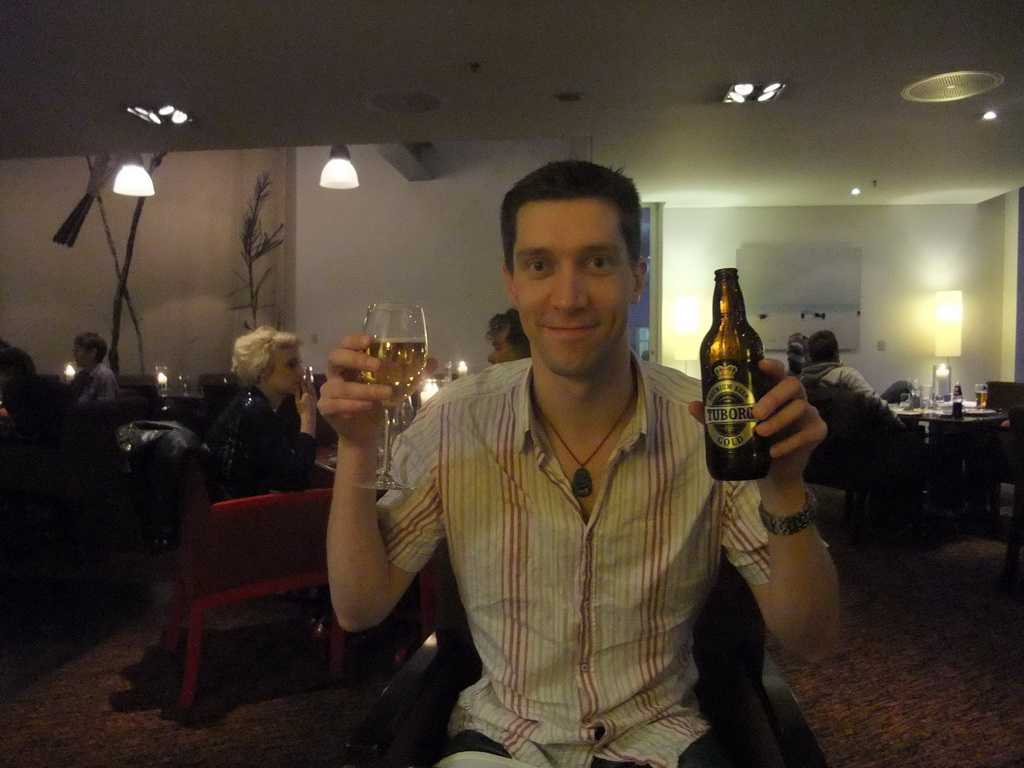 Tim with Danish Tuborg beer in the restaurant of the Clarion Hotel Stockholm