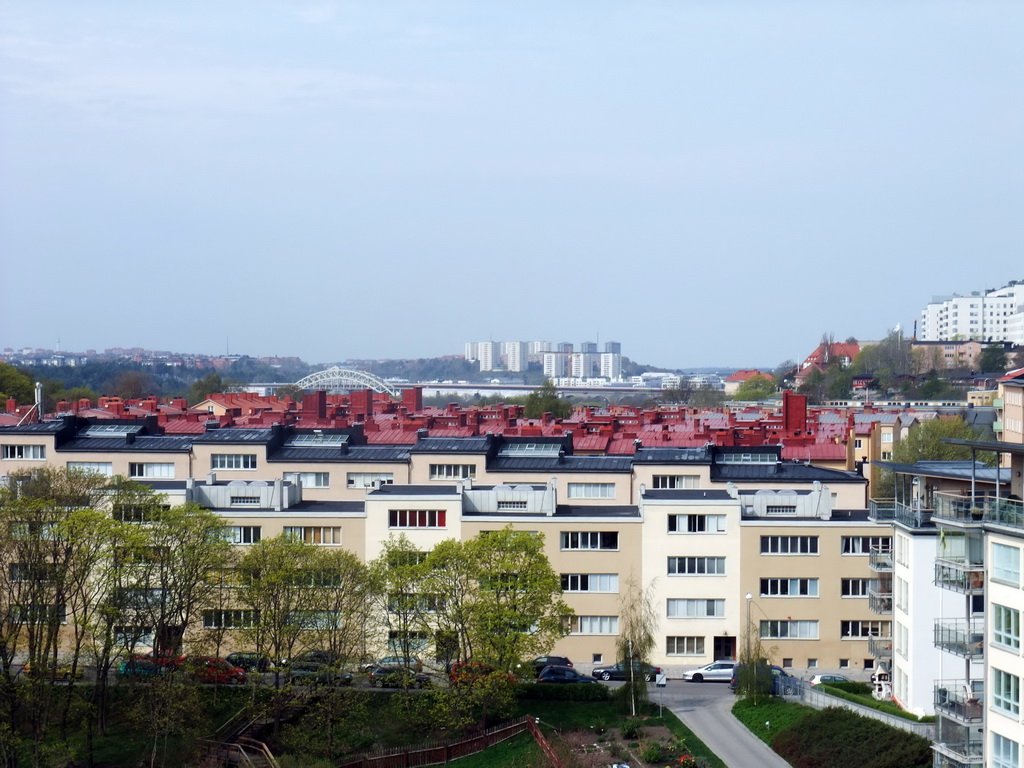 View from the roof of the Clarion Hotel Stockholm on the Södermalm neighborhood, the Arstabroarna railway bridge and the Gröndal neighborhood