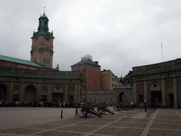 Changing of the guards, at the Outer Court of the Stockholm Palace, and the tower of the Saint Nicolaus Church