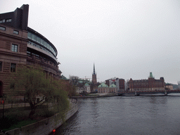 The Riksdag building, the Riddarholmen Church and the Swedish House of Nobility, viewed from the Riksbron bridge