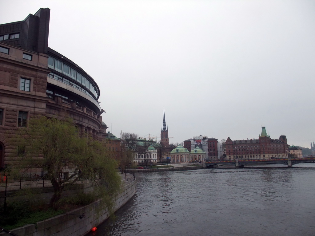 The Riksdag building, the Riddarholmen Church and the Swedish House of Nobility, viewed from the Riksbron bridge