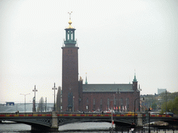 The Vasabron bridge over the Norrström river and the Stockholm City Hall (Stadshuset), viewed from the Riksbron bridge