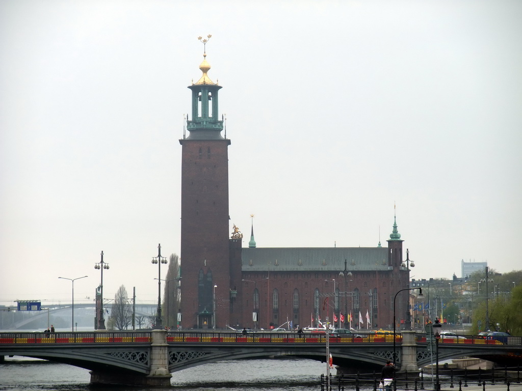 The Vasabron bridge over the Norrström river and the Stockholm City Hall (Stadshuset), viewed from the Riksbron bridge