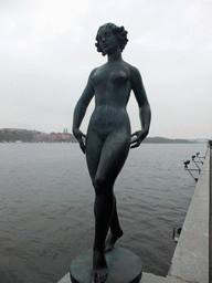 Bronze sculpture `Dansen` in the garden of the Stockholm City Hall, and the Riddarfjärden bay