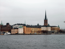 Riddarfjärden bay and Riddarholmen island with the tower of the Riddarholmen Church, viewed from the garden of the Stockholm City Hall