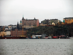 Riddarfjärden bay and buildings in the Södermalm neighborhood, viewed from the garden of the Stockholm City Hall