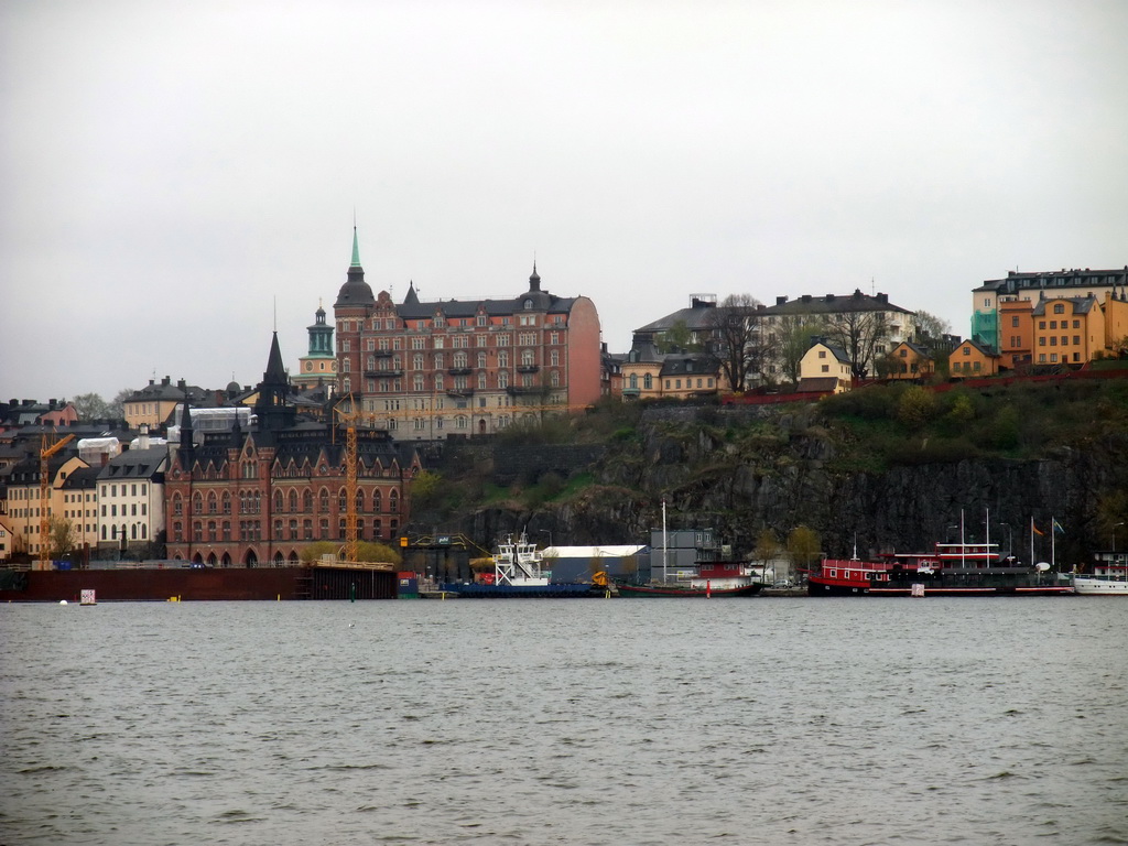 Riddarfjärden bay and buildings in the Södermalm neighborhood, viewed from the garden of the Stockholm City Hall