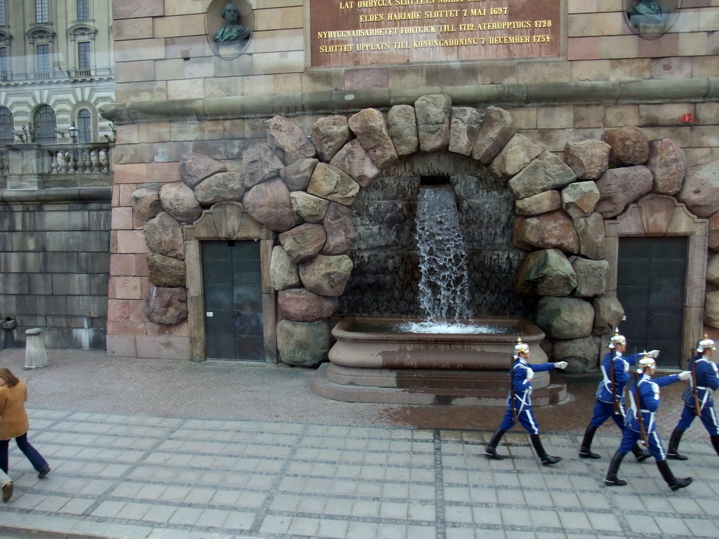 Royal guards at a fountain on the northeast side of Stockholm Palace, from the sightseeing bus