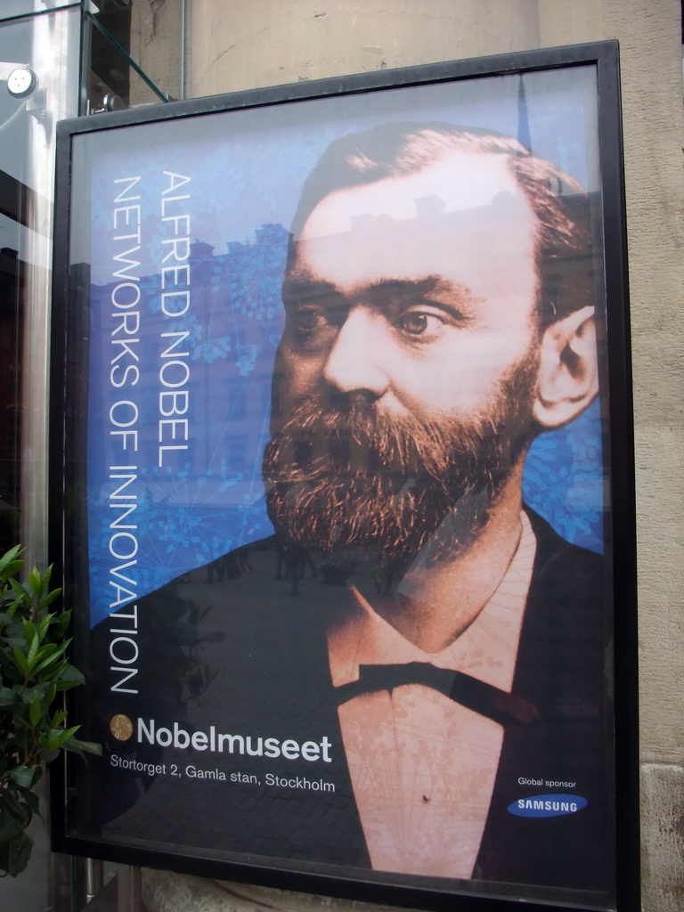 Poster for the Nobel Museum on the front of the Stock Exchange Building