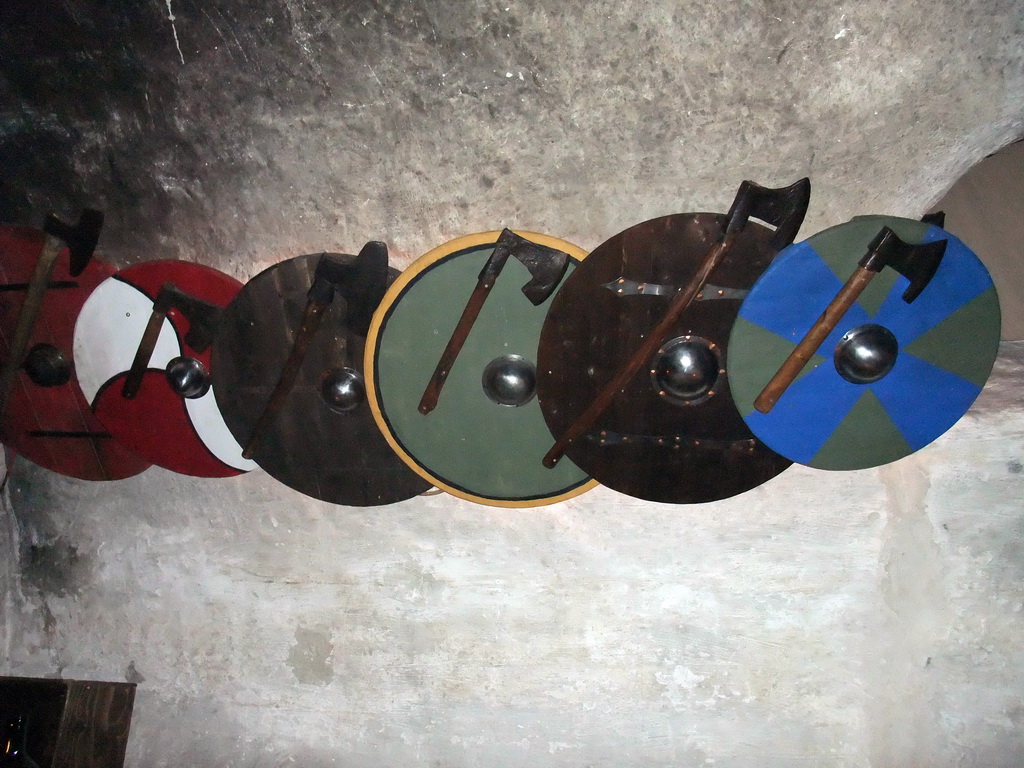 Medieval shields and axes in the Medeltidskrogen Sjätte Tunnan restaurant