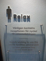 Sign at the entrance of the sauna in the Clarion Hotel Stockholm