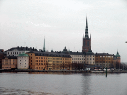 Riddarfjärden bay and Riddarholmen island with the tower the Riddarholmen Church, viewed from the garden of the Stockholm City Hall