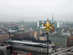 View on the Norrmalm neighborhood with the Stockholm Central Station, the Klara Church (Klara Kyrka) and St. John`s Church (Sankt Johannes Kyrka), from the top of the main tower of the Stockholm City Hall