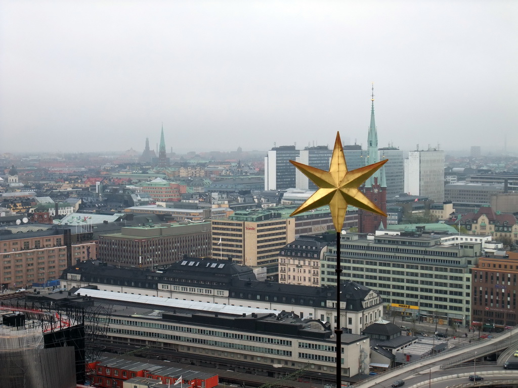 View on the Norrmalm neighborhood with the Stockholm Central Station, the Klara Church (Klara Kyrka) and St. John`s Church (Sankt Johannes Kyrka), from the top of the main tower of the Stockholm City Hall