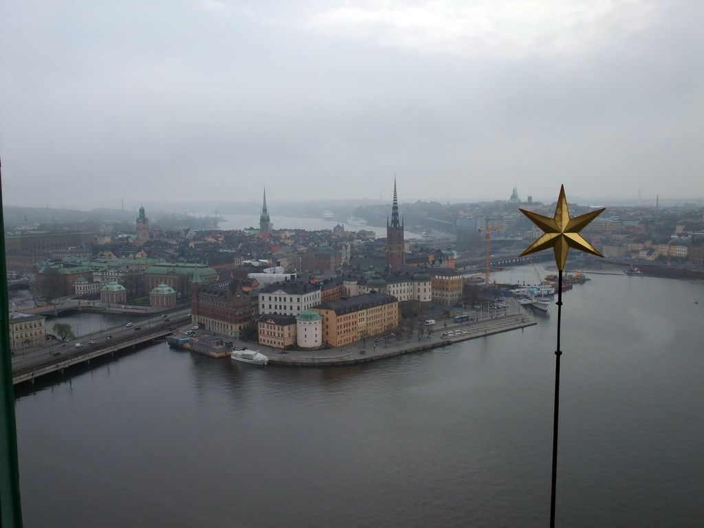 View on the Gamla Stan neighborhood with the Riddarholmen Church, the Swedish House of Nobility, the Stockholm Palace, the Saint Nicolaus Church and the German Church (Tyska kyrkan), from the top of the main tower of the Stockholm City Hall