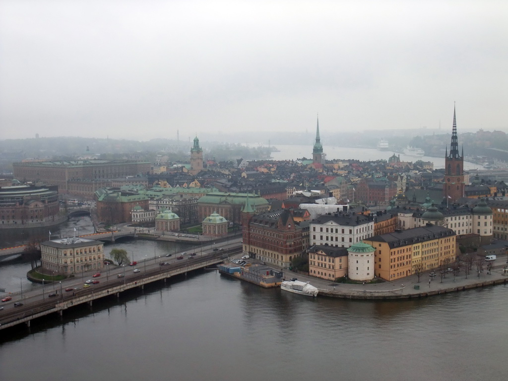 View on the Gamla Stan neighborhood with the Riddarholmen Church, the Swedish House of Nobility, the Riksdag building, the Strömsborg castle, the Stockholm Palace, the Saint Nicolaus Church and the German Church, from the top of the main tower of the Stockholm City Hall