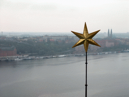 View on the Riddarfjärden bay and the Södermalm neighborhood with the Högalid Church (Högalidskyrkan), from the top of the main tower of the Stockholm City Hall