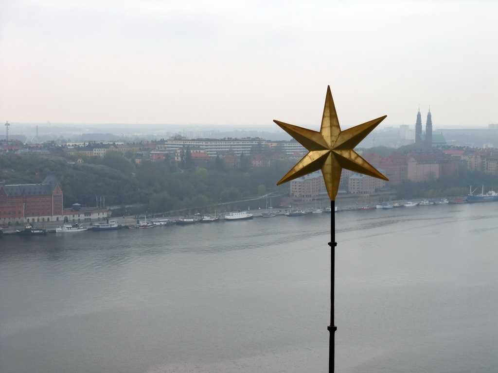 View on the Riddarfjärden bay and the Södermalm neighborhood with the Högalid Church (Högalidskyrkan), from the top of the main tower of the Stockholm City Hall