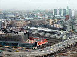 View on the Norrmalm neighborhood with the Stockholm Central Station, the Klara Church (Klara Kyrka) and St. John`s Church (Sankt Johannes Kyrka), from the top of the main tower of the Stockholm City Hall
