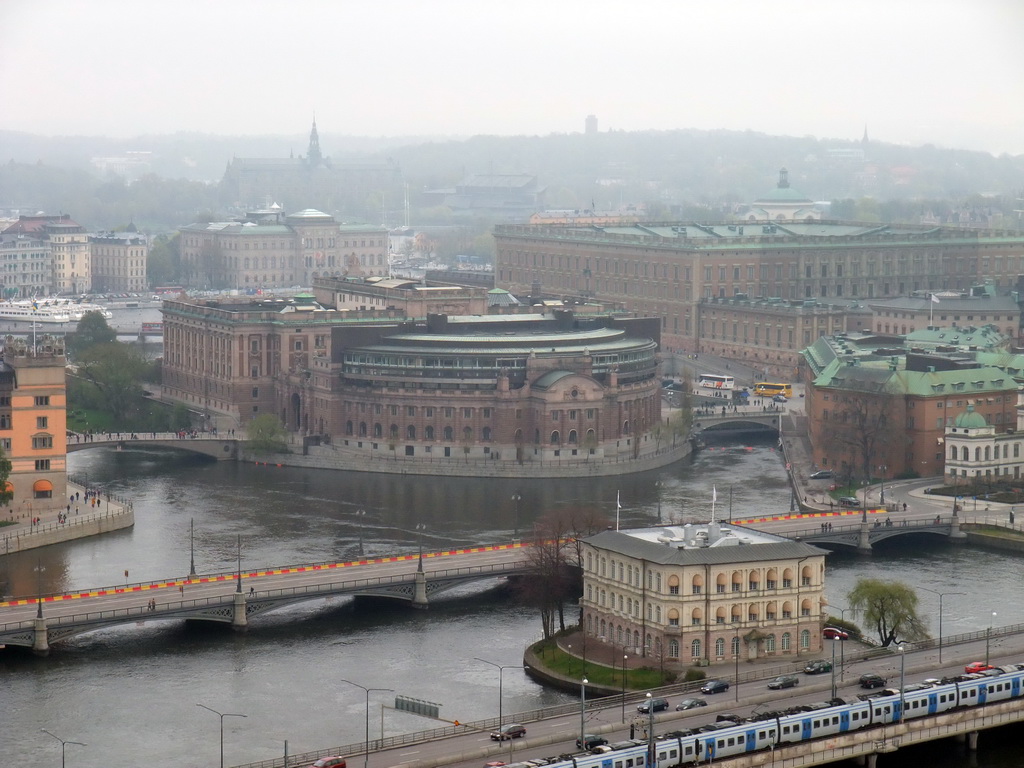 View on the Gamla Stan neighborhood with the Strömsborg castle, the Riksdag building and the Stockholm Palace, and the National Museum, from the top of the main tower of the Stockholm City Hall