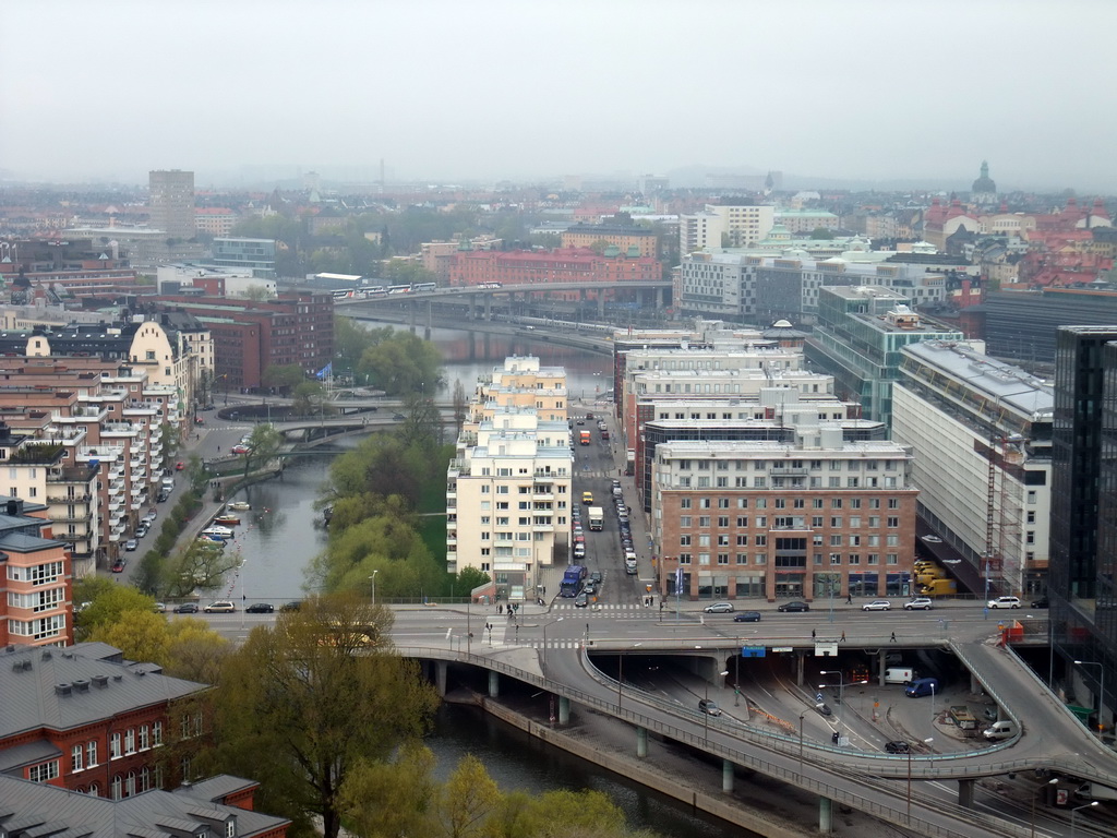 View on the Klarabergsviadukten bridge and the Kungsbron bridge over the Klara Sjö channel, from the top of the main tower of the Stockholm City Hall