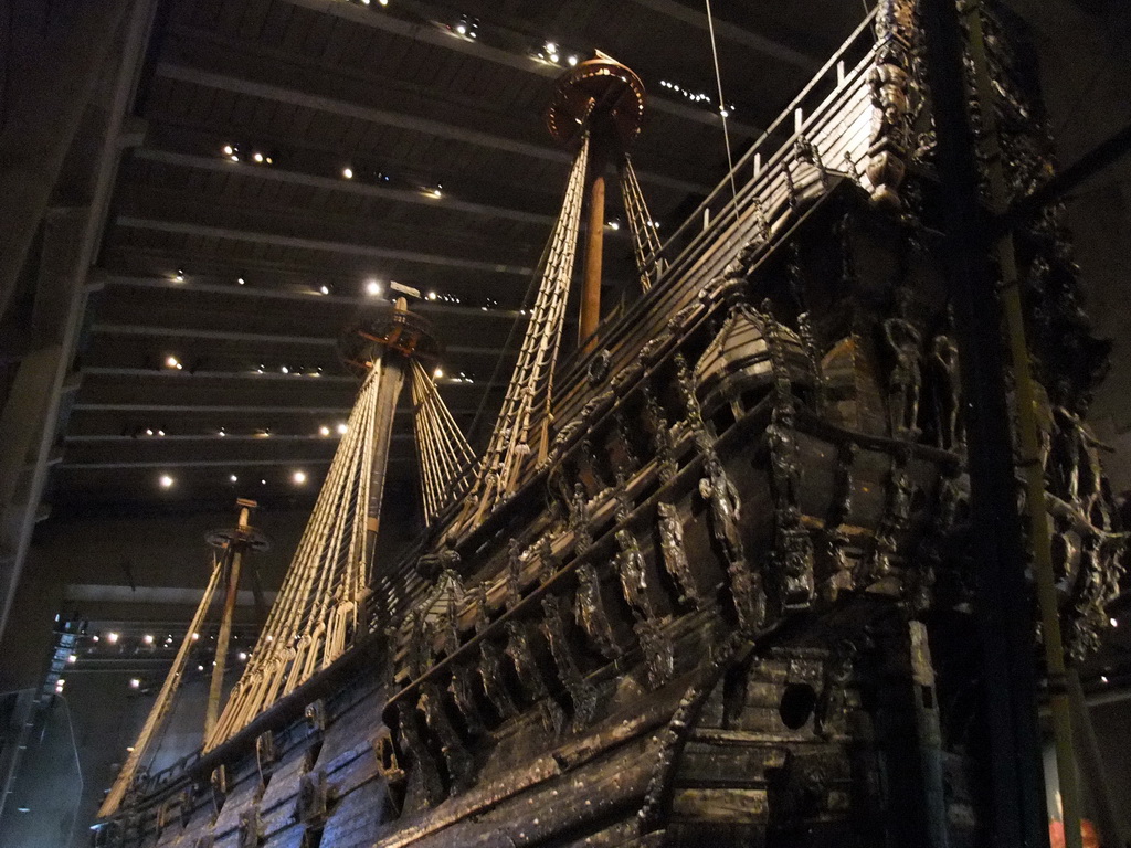 The back left side of the Vasa ship, in the Vasa Museum