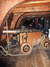 Cannon in the full-scale model of the half upper deck of the Vasa ship, in the Vasa Museum