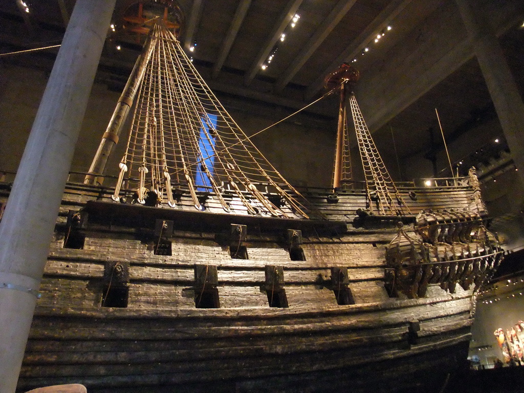The left side of the Vasa ship, in the Vasa Museum