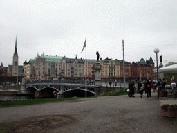 The Djurgardsbron bridge over the Saltsjön bay, buildings in the Strandvägen street and Oscar`s Church (Oscarskyrkan)