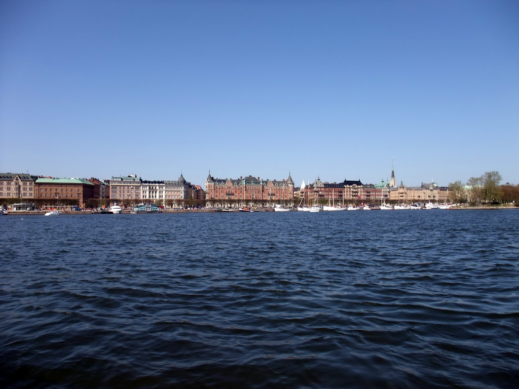 Boats in the Saltsjön bay and buildings in the Strandvägen street, viewed from the Saltsjön ferry