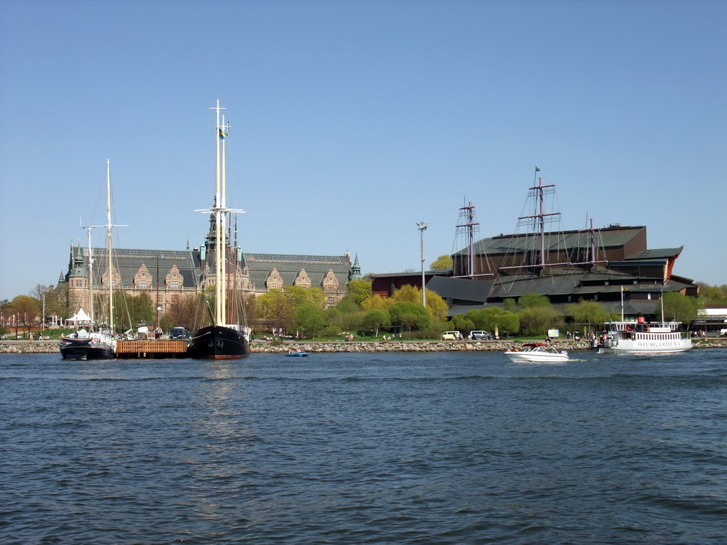 The Nordic Museum, the Vasa Museum and boats in the Saltsjön bay, viewed from the Saltsjön ferry