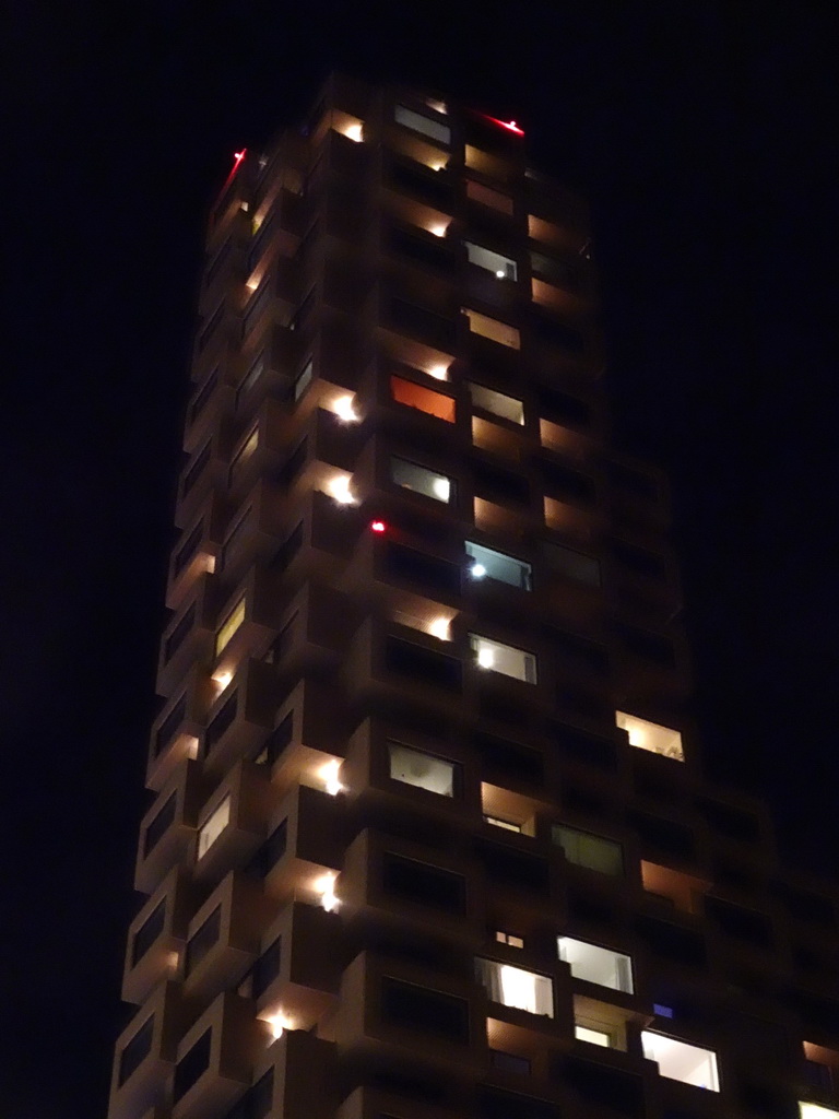 The eastern Norra Tornen tower, viewed from the Torsgatan street, by night