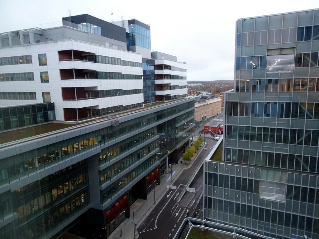 The Karolinska University Hospital at the Eugeniavägen street, viewed from Tim`s room at the Elite Hotel Carolina Tower, by night