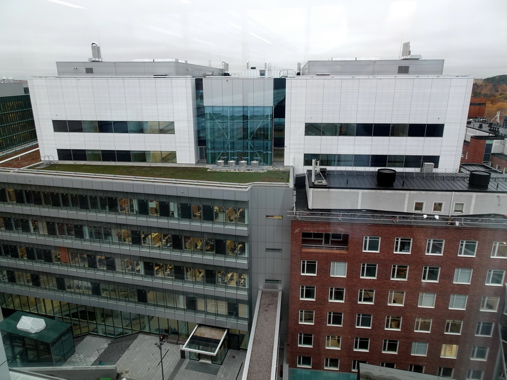 The Bioclinicum building of the Karolinska Institute Campus Solna, viewed from the Top Floor of the Karolinska University Hospital