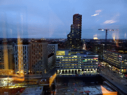 The Solnavägen street with the eastern Norra Tornen tower, viewed from the Club room at the Top Floor of the Elite Hotel Carolina Tower, by night