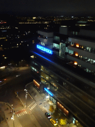 Front of the Karolinska University Hospital, viewed from the Club room at the Top Floor of the Elite Hotel Carolina Tower, by night