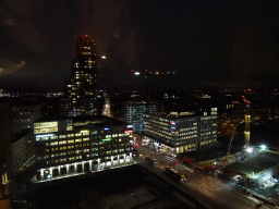 The Solnavägen street with the eastern Norra Tornen tower, viewed from the Club room at the Top Floor of the Elite Hotel Carolina Tower, by night