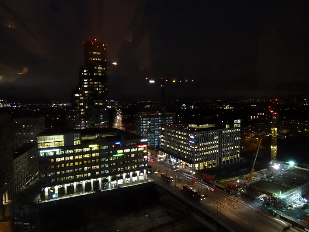 The Solnavägen street with the eastern Norra Tornen tower, viewed from the Club room at the Top Floor of the Elite Hotel Carolina Tower, by night